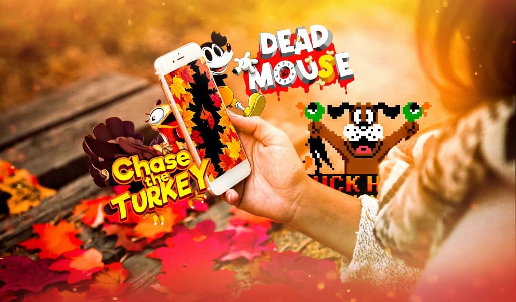 Hand holding a phone with a fall leaf screen, surrounded by logos for Chase the Turkey, Dead Mouse, and Duck Hunt Bonanza.