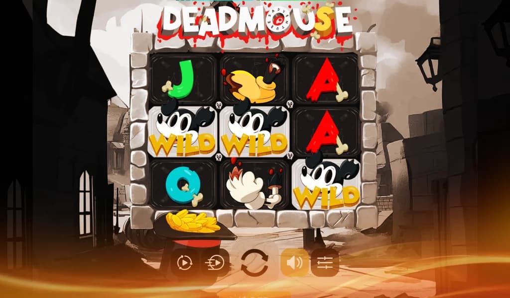 Dead Mouse slot game with cartoon mouse symbols, letters, bones, and wilds on a dark background.