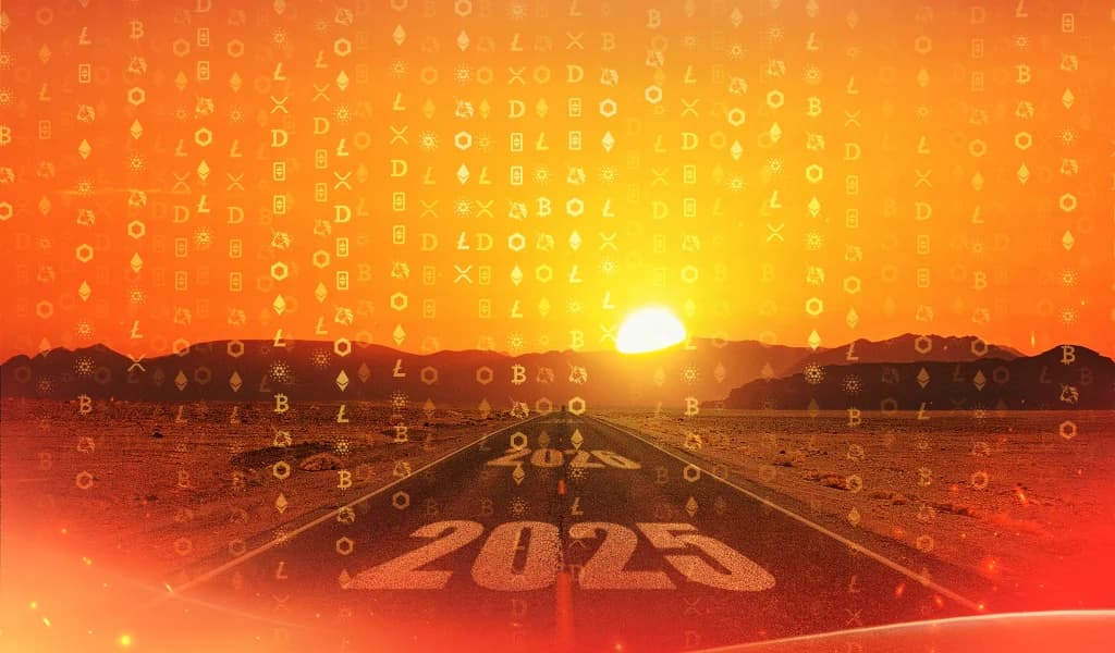 Sunset road marked 2025 with floating cryptocurrency logos including Bitcoin and Ethereum.