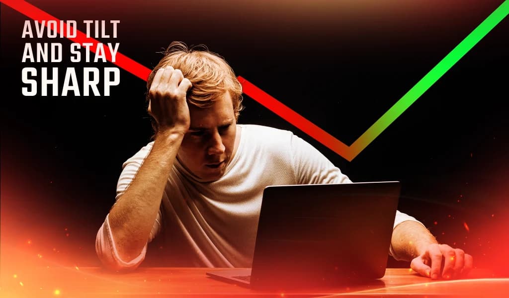 Frustrated man leaning on one hand while staring at a laptop, with red and green trend line behind him
