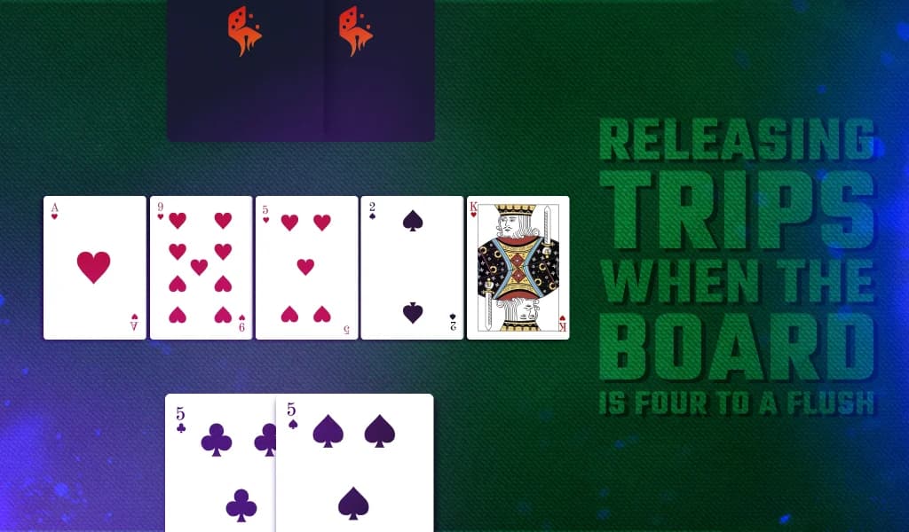 Poker hand showing three of a kind folded on a board with four hearts, with text about releasing trips.