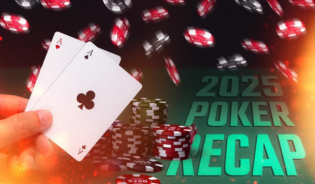 Hand holding two aces beside a stack of poker chips with text reading “2025 POKER RECAP”.