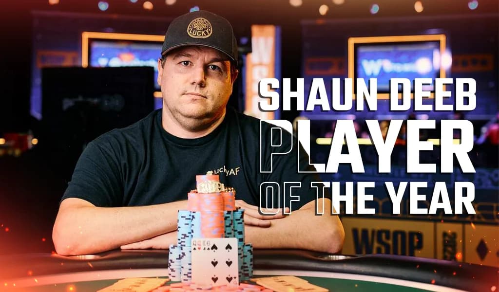 Shaun Deeb seated at a poker table with stacks of chips and cards, with text reading “Player of the Year”.
