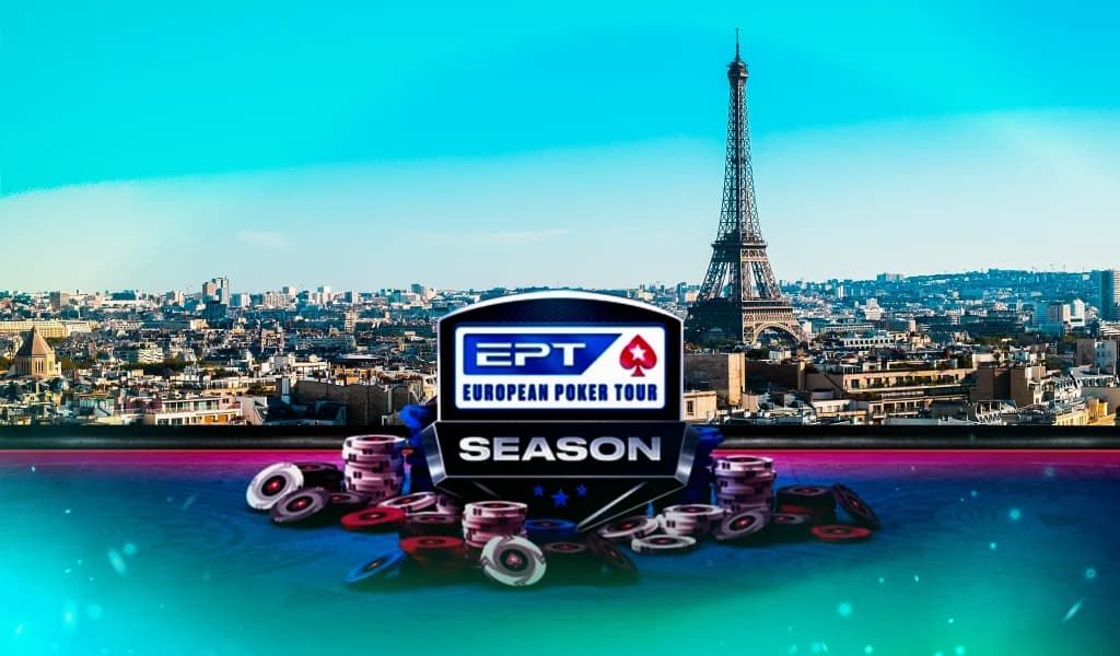 Poker tournament badge and stacked chips in front of the Eiffel Tower overlooking the Paris city skyline.