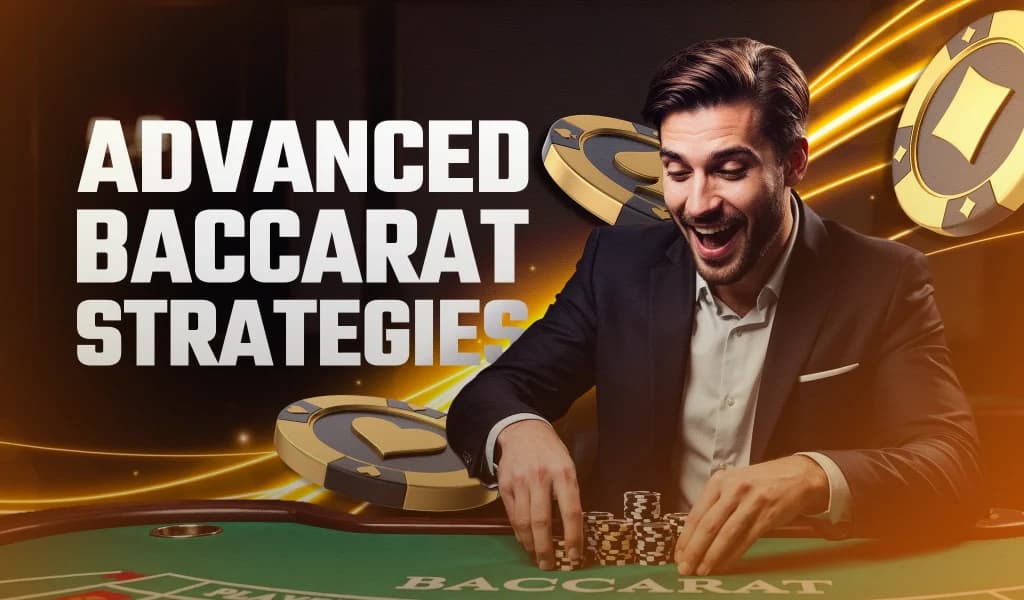 A player stacking chips at a baccarat table with the text “advanced baccarat strategies.”