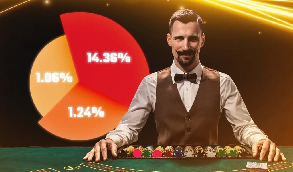A baccarat dealer standing behind a table next to a chart showing house edge percentages.