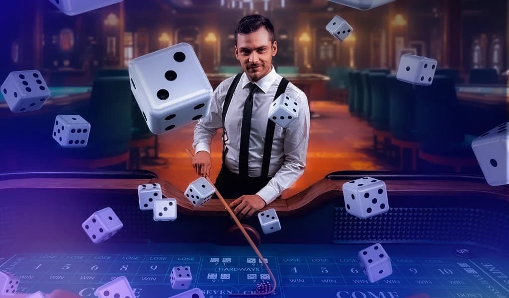 Craps dealer uses a stick at a table while dice float above the felt in a casino setting.