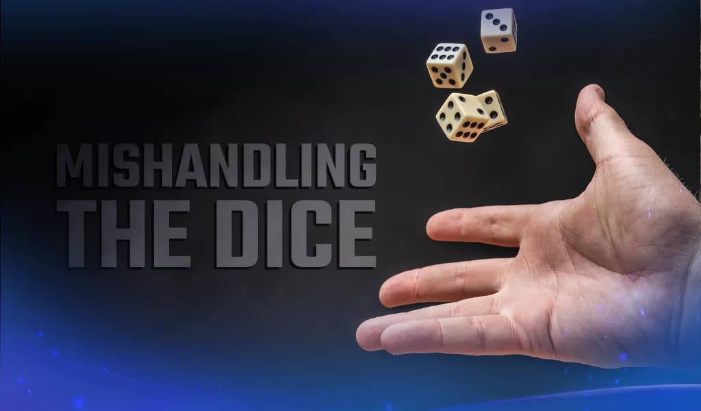 Hand tossing dice midair against a dark background with text reading “Mishandling the Dice”.