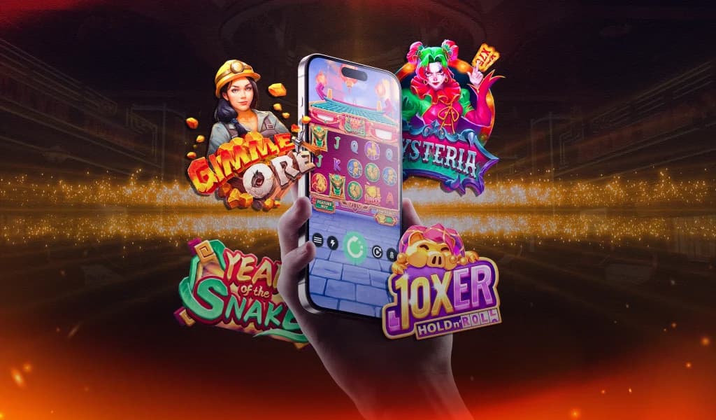 Hand holding a smartphone displaying a slot game interface, surrounded by logos for Gimme ore, Hysteria, Year of the Snake, and 10x Joker.