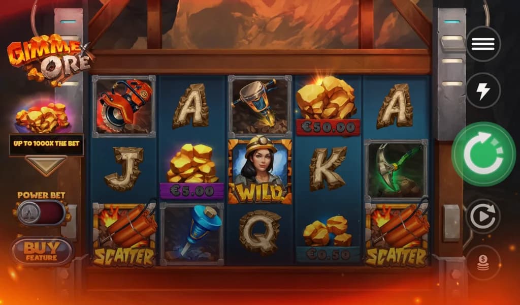 Gimme Ore slot game interface featuring mining-themed reels, gold symbols, Scatter icons, and a miner Wild character.