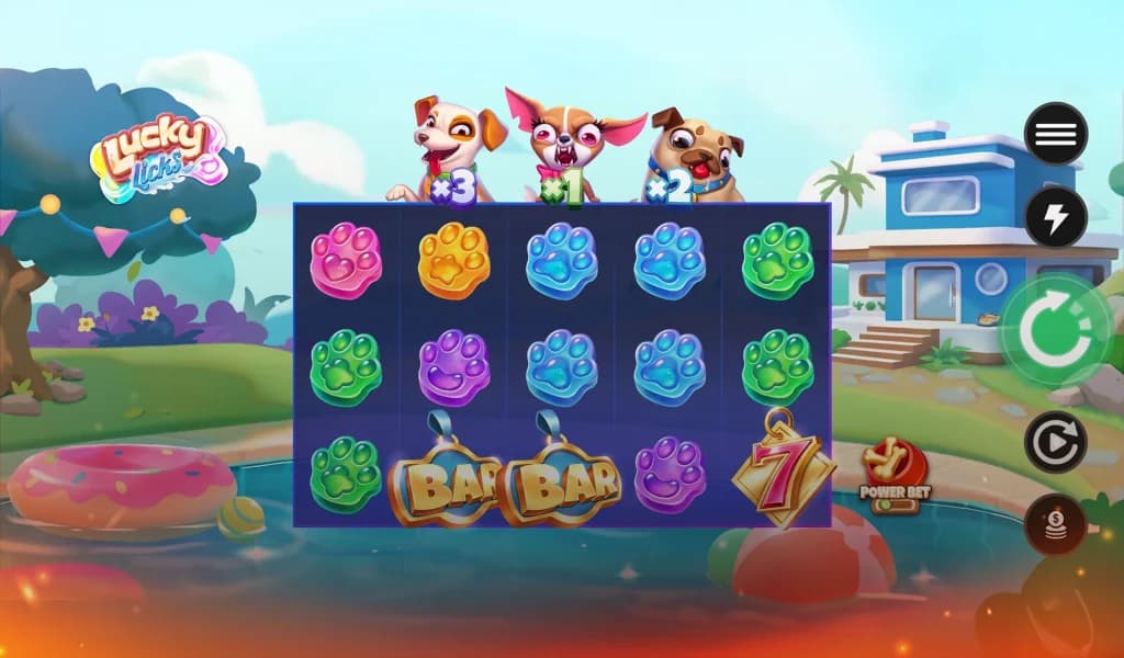 Lucky Licks slot game showing colorful paw print symbols, cartoon above the reels, and bright, playful background.