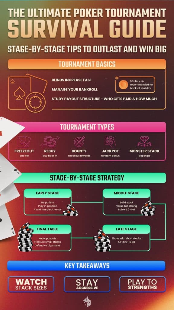 Poker tournament survival guide infographic - stage-by-stage tips to outlast and win big, including poker tournament basics, poker tournament types - freezout, rebuy, bounty, jackpot, monster stack, poker strategy