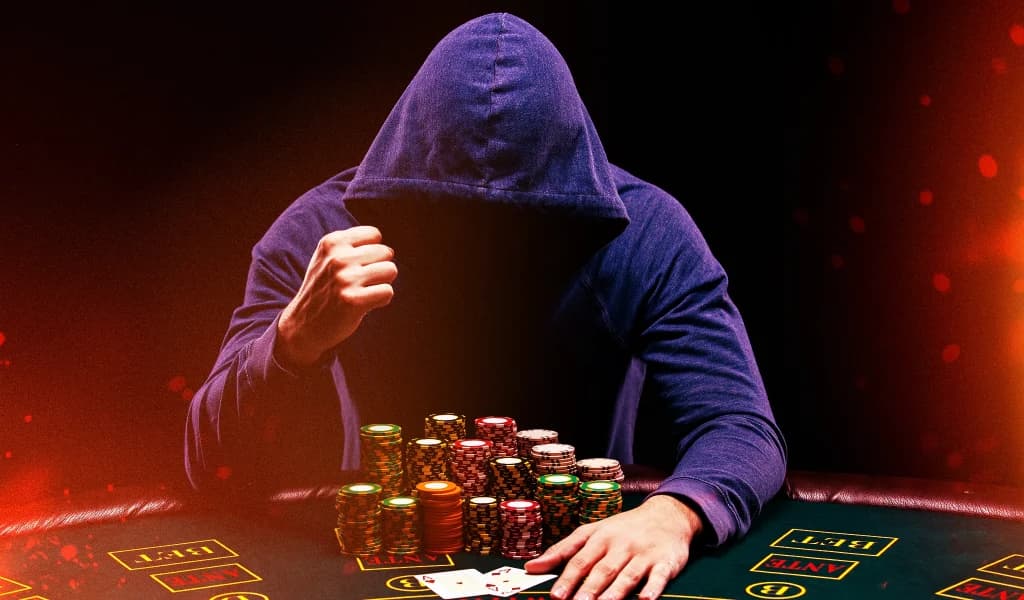 Poker player with hoodie over his head clenching his fist beside a tall stack of chips under dramatic lighting.