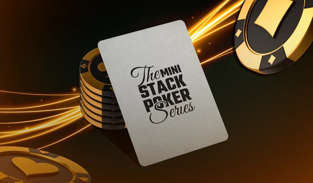 Promotional graphic showing poker chips and a playing card labeled “The Mini Stack Poker Series” on a dark background.