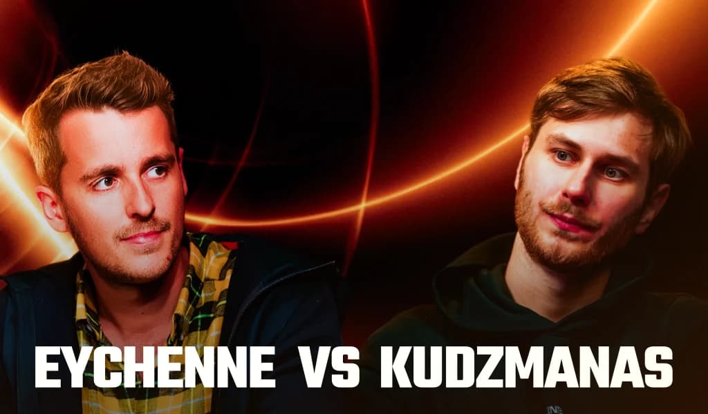 Side-by-side portrait of poker players Thomas Eychenne and Mairus Kudzmana.