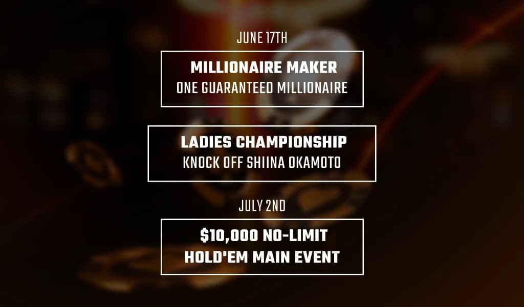 Infographic listing three WSOP events: Millionaire Maker June 17th, Ladies Championship, and $10,000 No-Limit Hold’em Main Event July 2nd.