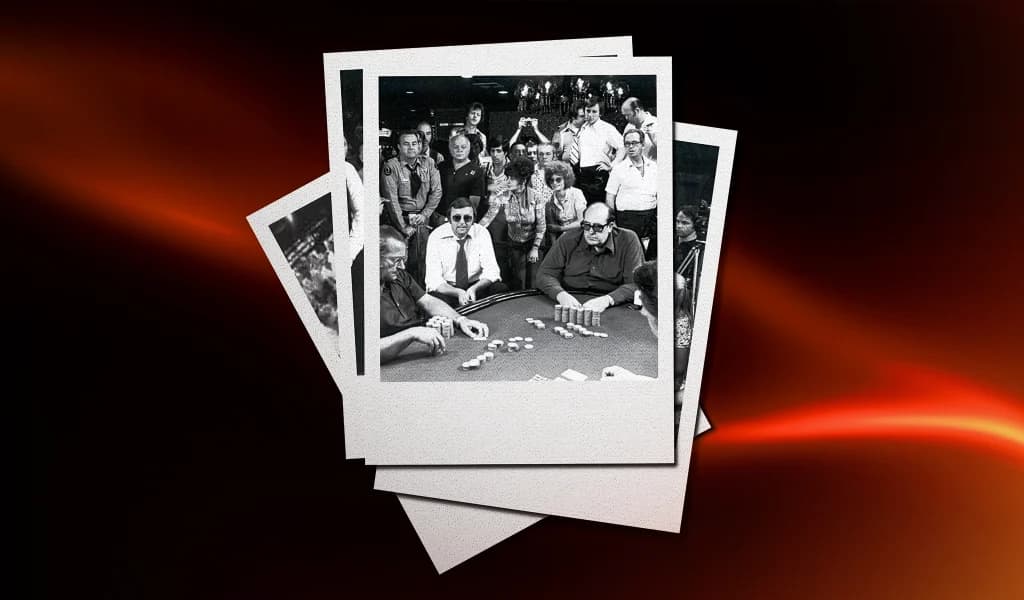 Vintage black and white Polaroid photographs of early poker players gathered around a card table.