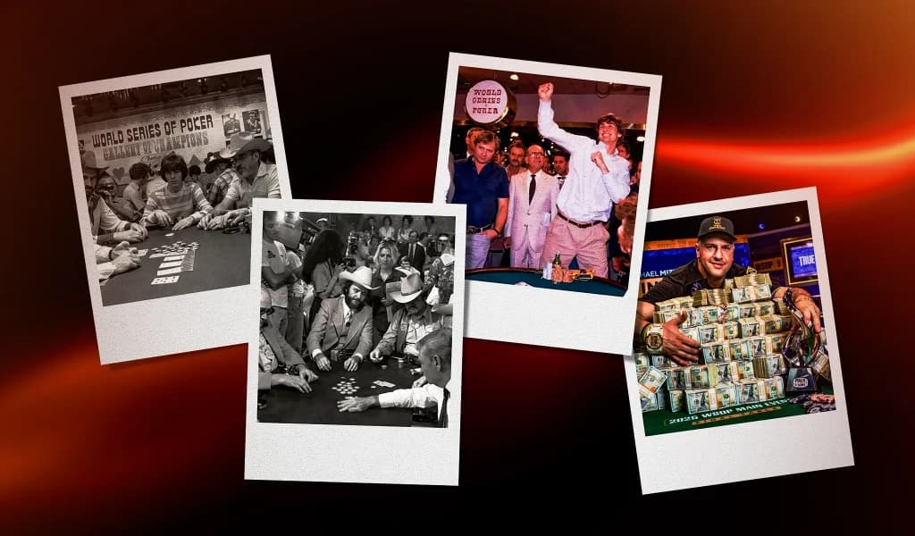 Polaroid collage of World Series of Poker moments from early tournaments to a modern 2025 WSOP Main Event champion posing with cash.