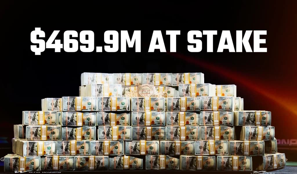 Text reading "$469.9M at stake" above a large stack of cash with a bracelet on top.