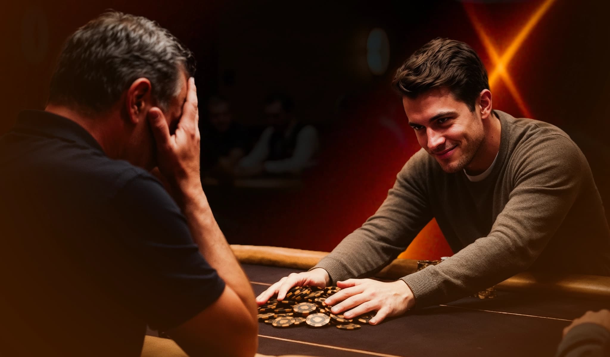 A poker player smiles while pulling a stack of chips toward him as his opponent puts his head in his hand.