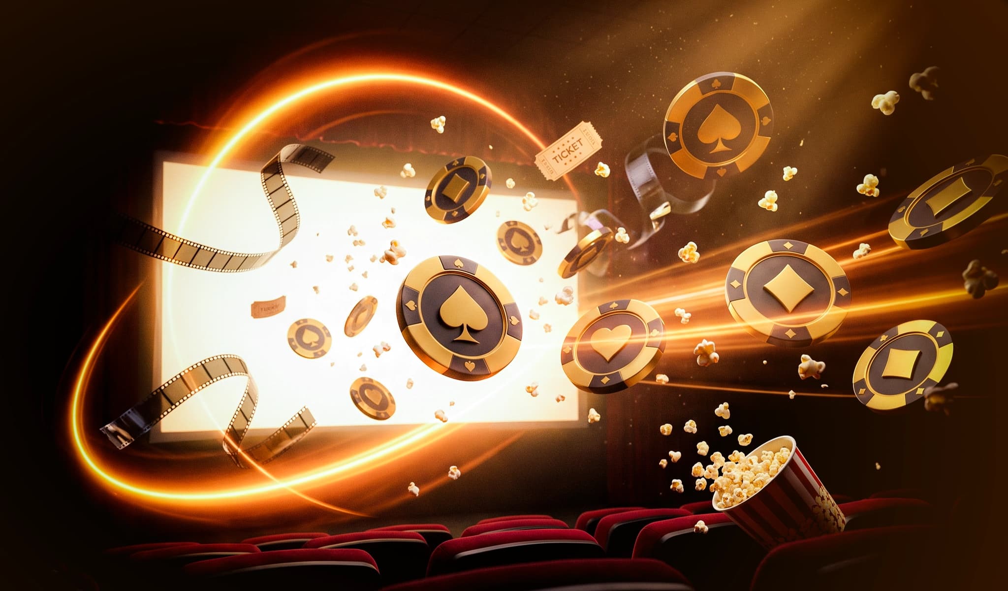 Poker chips, popcorn, and film reel burst off a glowing movie screen in a theater.