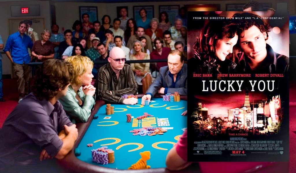 A tense poker table scene from Lucky You beside the film's official movie poster.