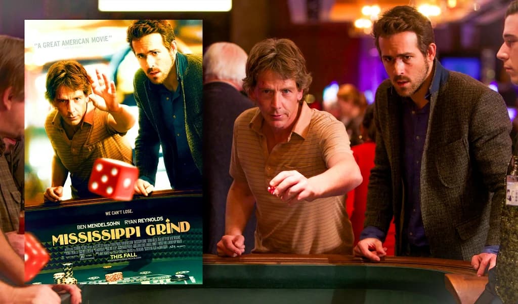Two men lean over a casino craps table beside the Mississippi Grind movie poster.