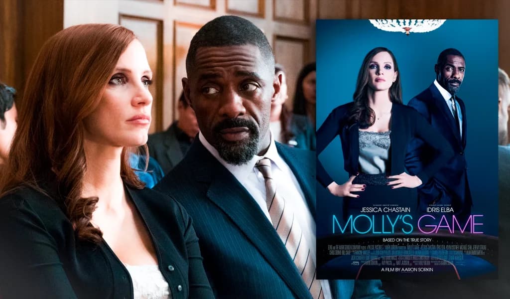 Jessica Chastain and Idris Elba in a courtroom scene beside the Molly's Game movie poster.