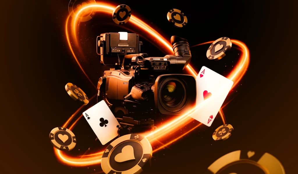 A TV camera surrounded by poker chips and playing aces, glowing with light trails.