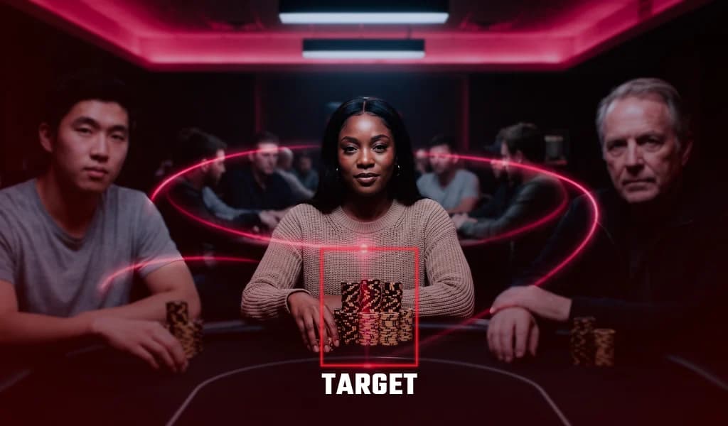 Poker players at a table with one player's chip stack marked as a target.