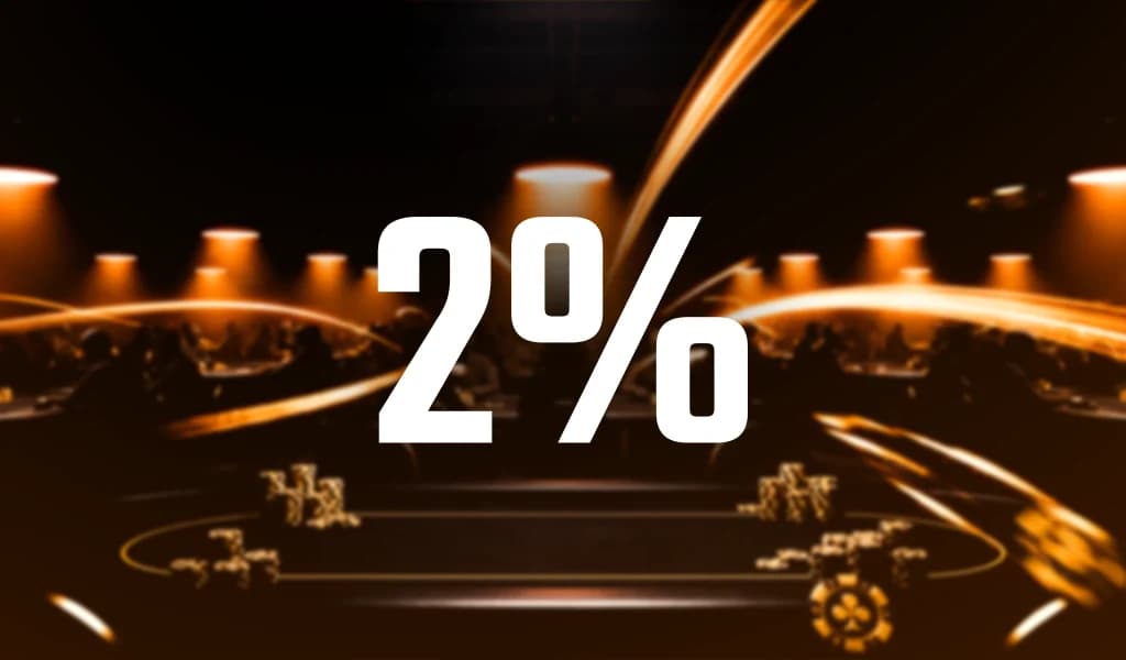 A glowing 2% stat displayed over a dim, wide shot of poker tables in a casino.