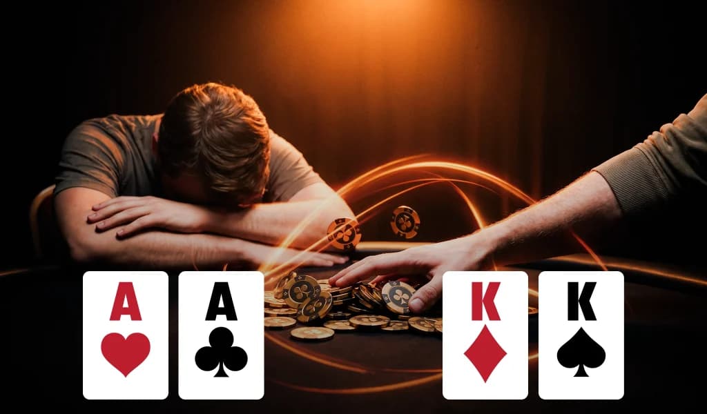 A player slumps over the table as an opponent rakes in chips, with AA and KK cards shown.