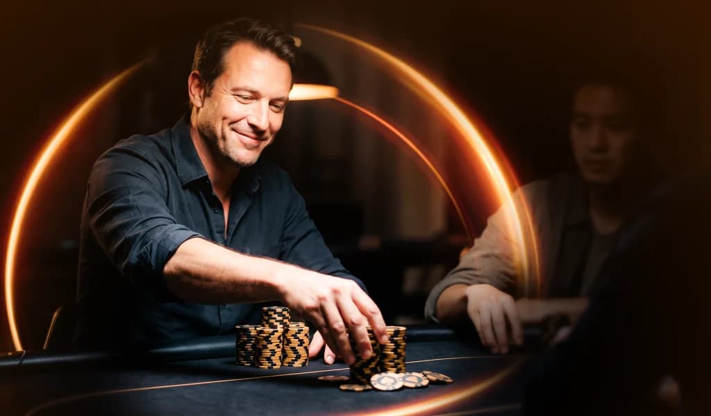 A smiling poker player reaches for a stack of chips across the table from an opponent.