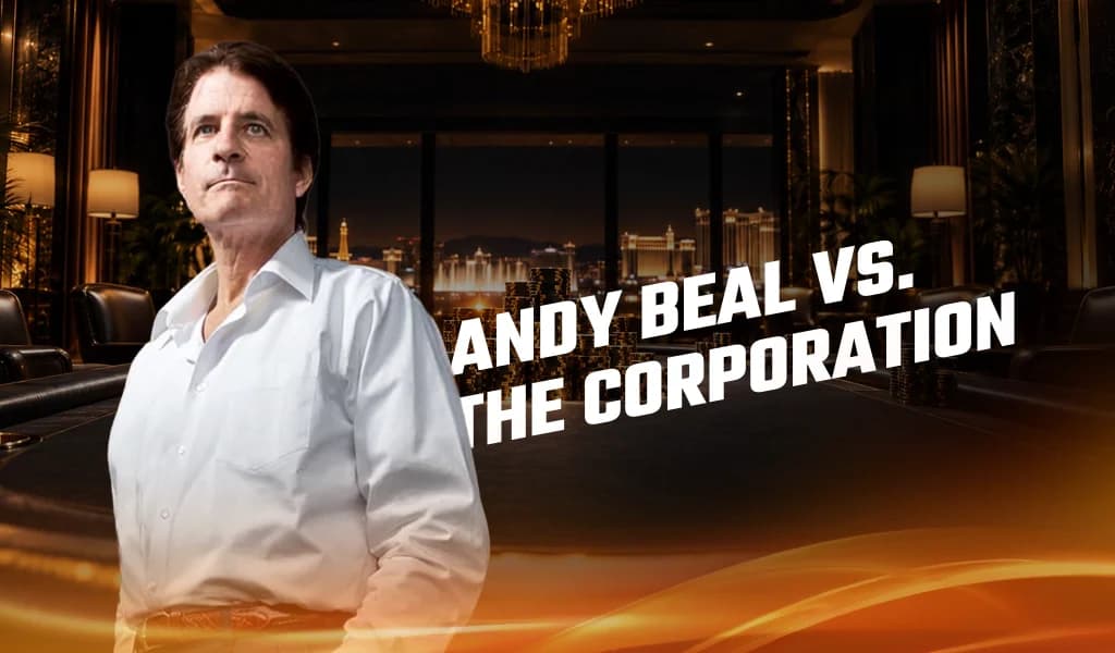 Andy Beal in a luxury Las Vegas poker lounge, with the text Andy Beal vs. The Corporation