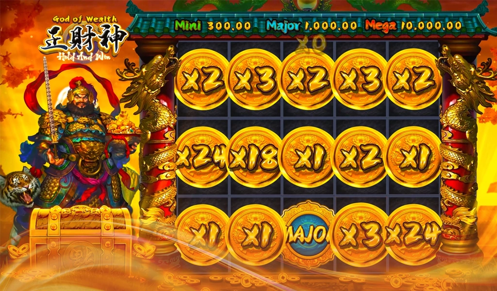 God of Wealth pokie game screen showing multiple golden coins with multipliers, including x2, x3, and x24.