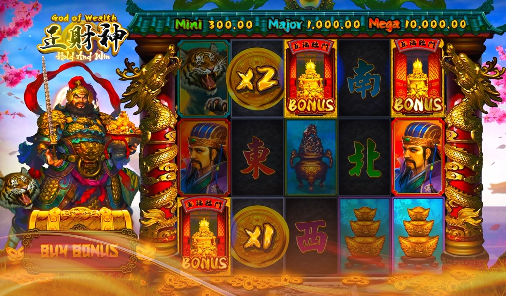 God of Wealth pokie game reels with various symbols including a warrior, tiger, gold coins, and bonus icons.