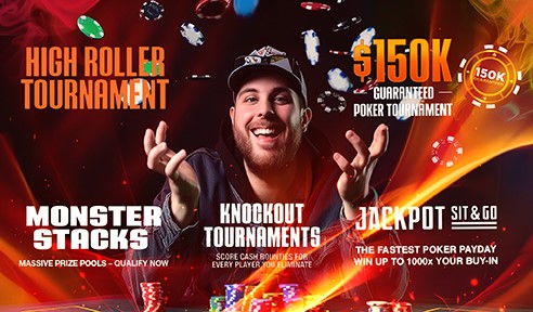 Ignition Poker Tournament promotion featuring a man celebrating, with text highlighting High Roller Tournament, $150K Guaranteed Poker Tournament, Monster Stacks, Knockout Tournaments, and Jackpot Sit & Go.