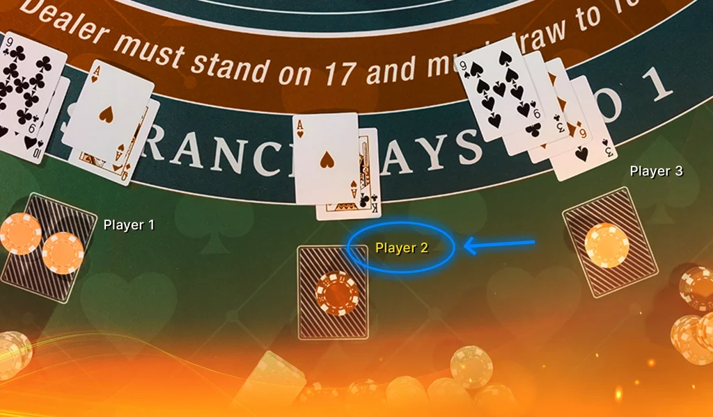 Close-up of a blackjack table showing Player 2’s hand with an Ace and Jack, highlighting a winning combination.