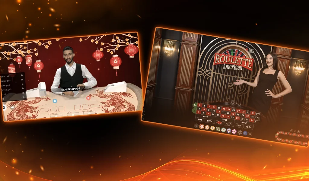 Side-by-side screens of a live dealer in an Asian-themed setting and an American roulette host introducing games.