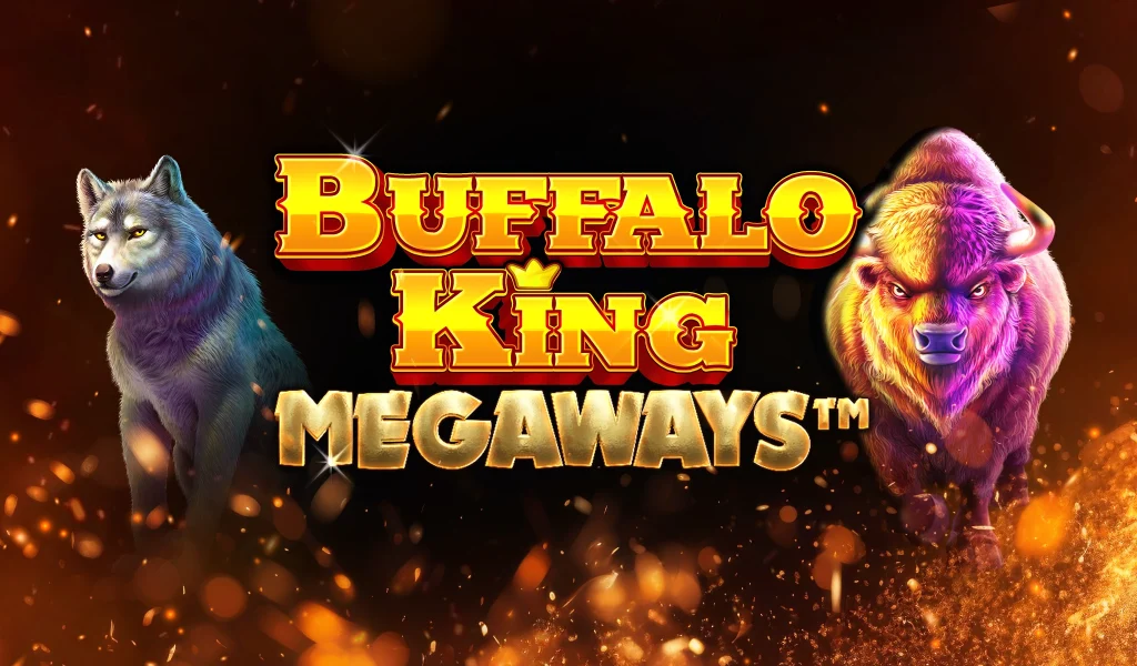 Buffalo King Megaways title screen with a fierce wolf on the left and a powerful buffalo on the right, set against a fiery background.