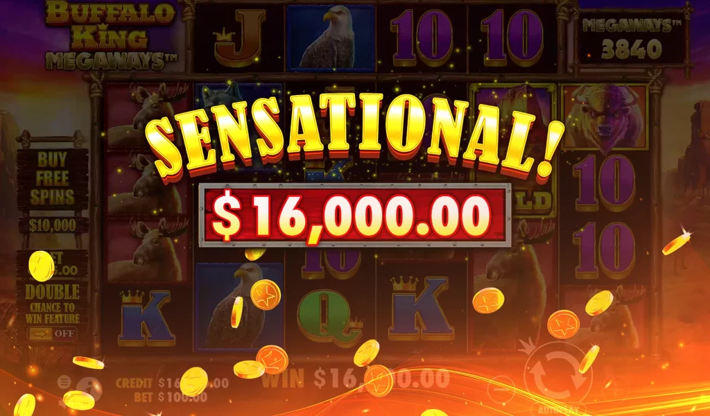 Buffalo King Megaways gameplay showing a ‘Sensational!’ win of $16,000, with coins scattering across the screen.