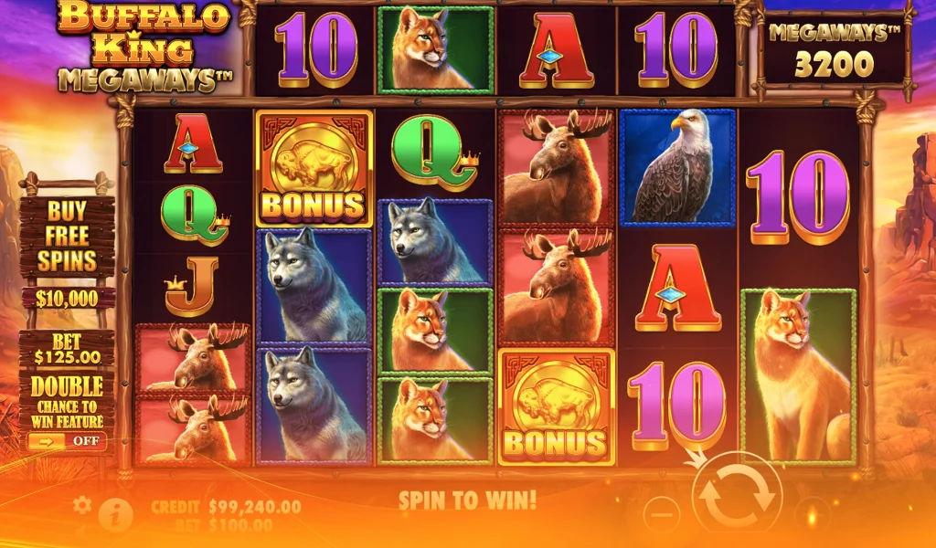 Buffalo King Megaways slot gameplay showing various animal symbols like wolves, moose, and cougars across multiple reels.