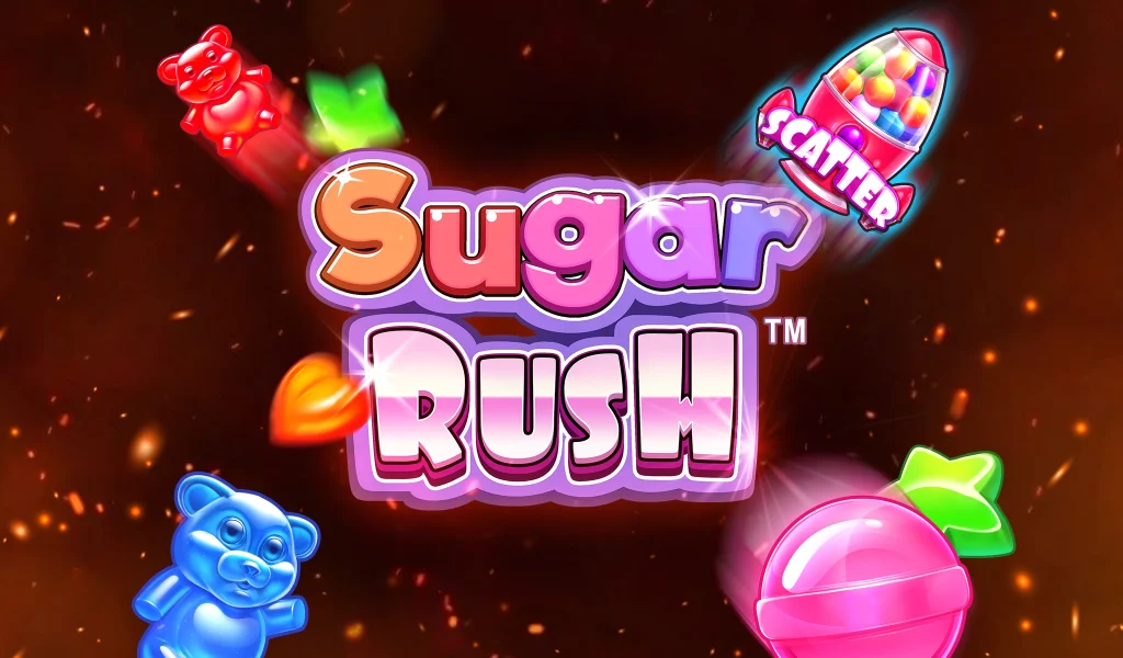 Sugar Rush game logo with colourful candy icons, including gummy bears and a scatter candy dispenser, against a vibrant background.