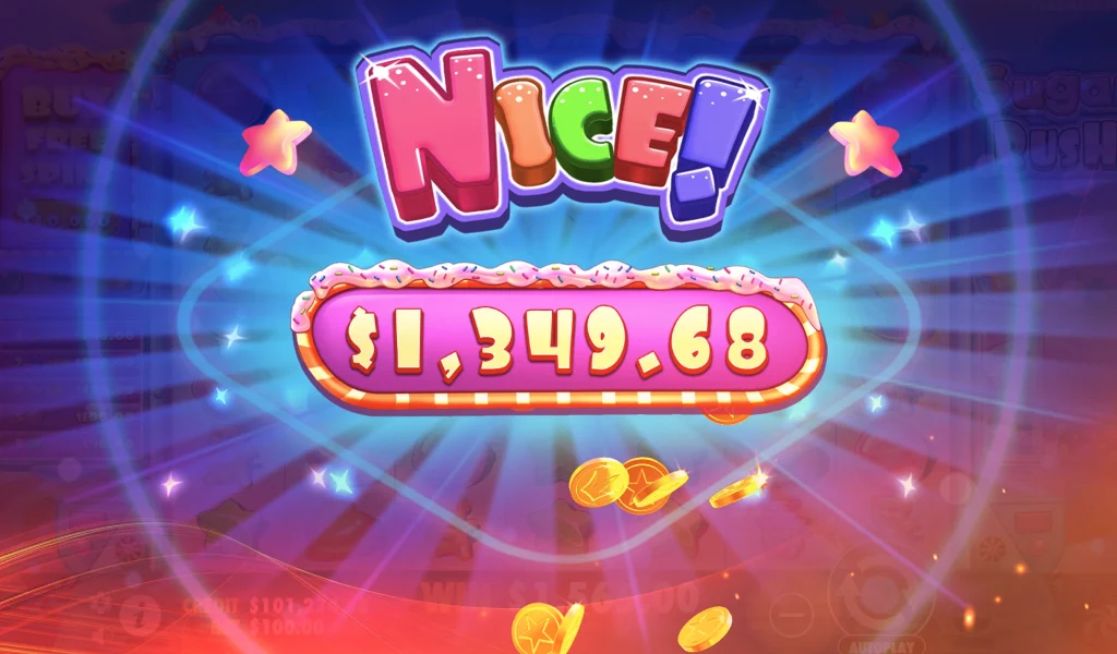 Winning screen in Sugar Rush game displaying a large prize amount of $1,349.68 with colourful stars and candy coins.