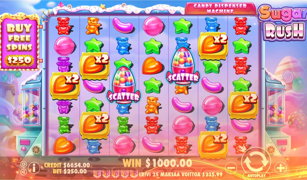 Sugar Rush slot game with bright, candy-themed symbols like gummy bears, hearts, and stars on a candy dispenser reel.