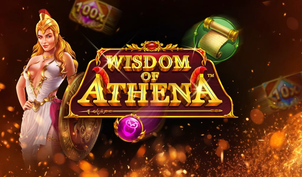 Wisdom of Athena title screen with Athena, a scroll, shield, and a fiery background.