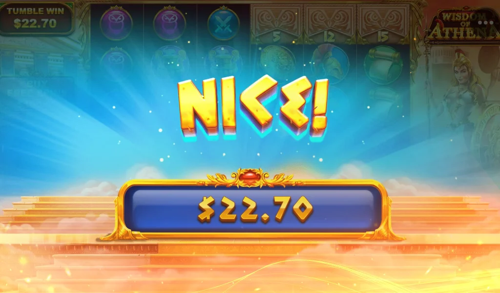 Big win screen displaying $22.70 prize with 'Nice!' in gold text and shining light.