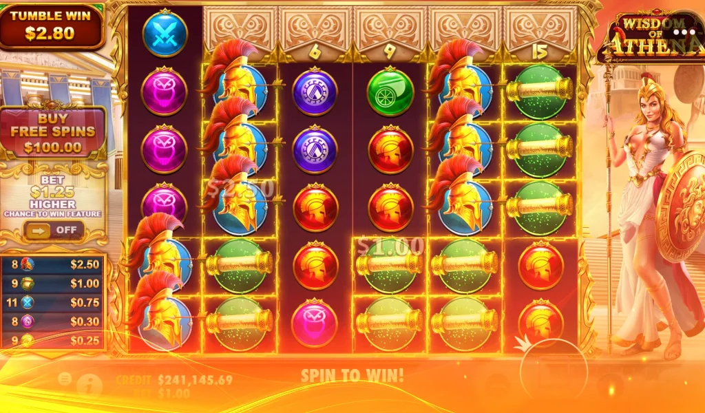 Gameplay of Wisdom of Athena showing symbols like shields, scrolls, and helmets on the reels, with betting options visible.