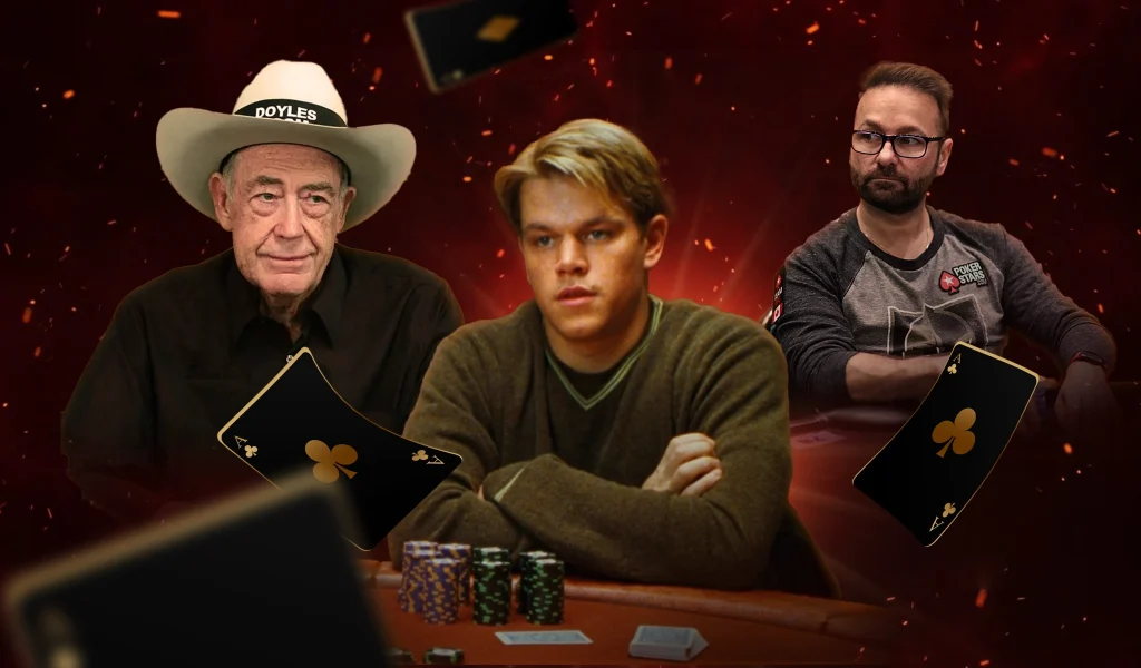 Collage of poker legends, including a cowboy hat-wearing Doyle, Matt Damon at a poker table, and a serious player in glasses.