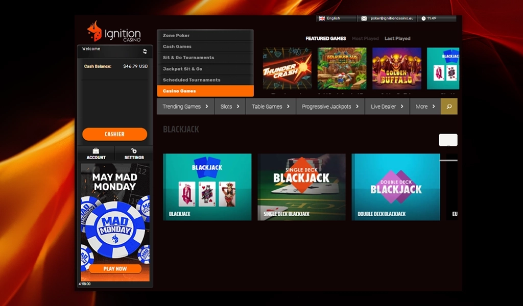 Ignition Casino website displaying the cash games selection screen.